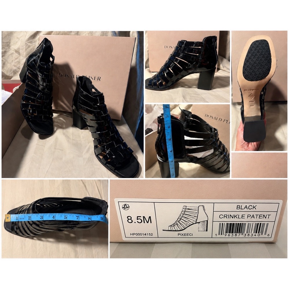 Donald Pliner Pixeeci Black Crinkle Patent Caged Block Heel Sandals Women 8.5M
